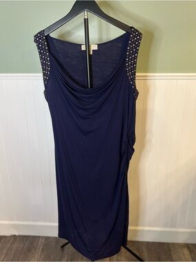 Michael Kors Navy Sleeveless Stud-Shoulder Draped Midi Dress SIZE L